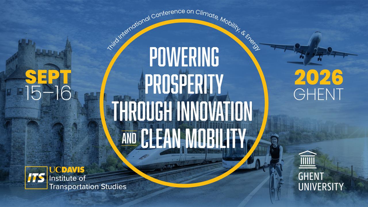 Event promotional graphic featuring a castle, train, and plane with text about innovation and clean mobility.