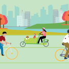 Illustration of cyclists riding on path
