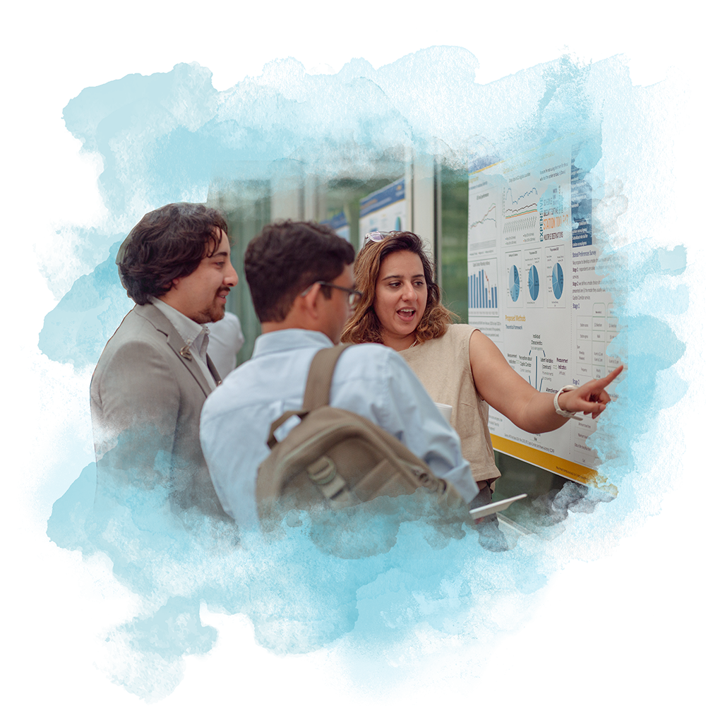 students gather around a research poster