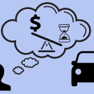 Illustration of vehicle next to a person with thought bubble weighing time vs. balance