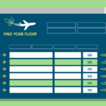 Illustration of flight schedule board with blank rows and positive or negative CO2 indicators at the end of each row