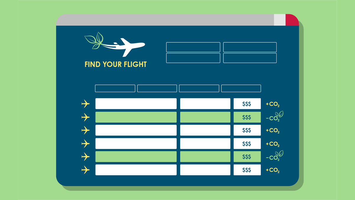 Illustration of flight schedule board with blank rows and positive or negative CO2 indicators at the end of each row