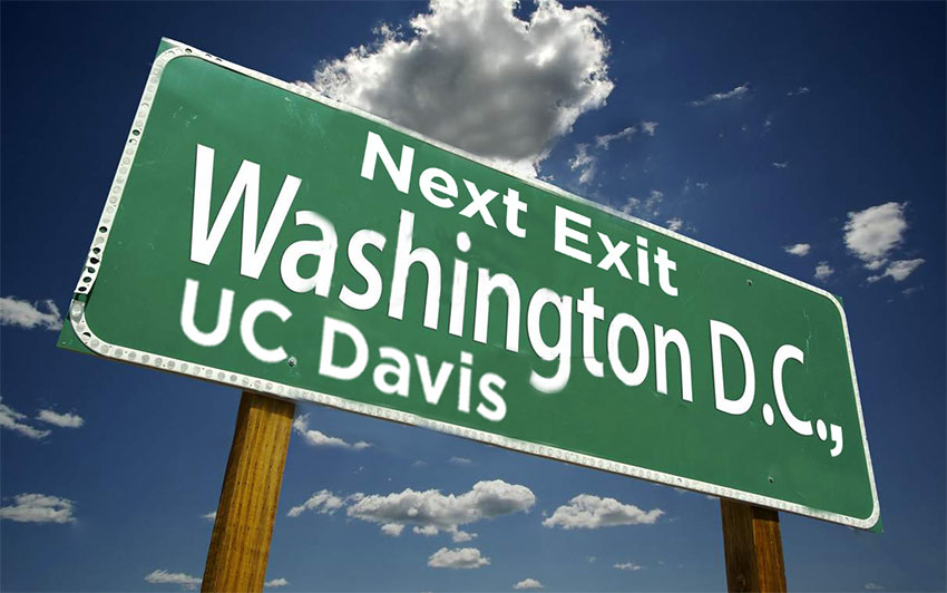 Image of freeway sign reading "Next Exit: Washington D.C., UC Davis" highlighting the Institute of Transportation Studies' presence at the 98th meeting of the TRB