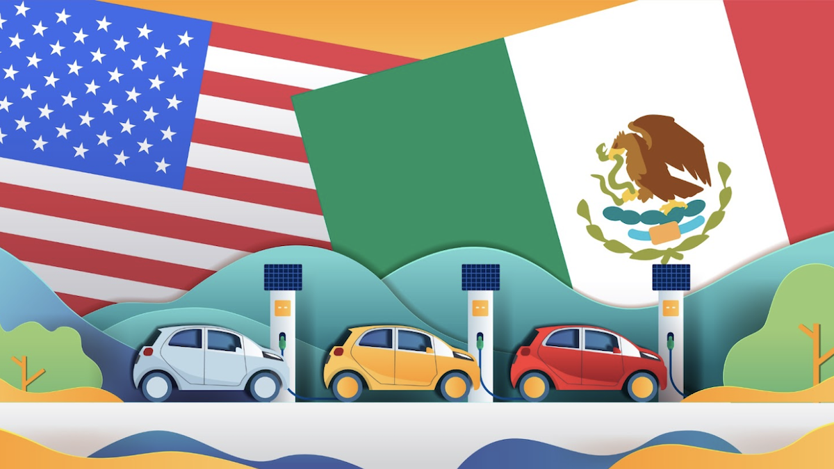 Illustration with several EVs charging and US and Mexico flags in the background